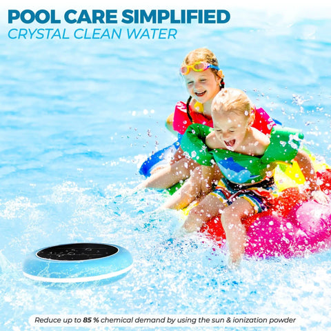 Children playing in pool with Sun Powered Pool Ionizer With Latest Solar Tech And Long Lasting Anode floating on water