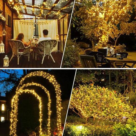 Six Pack Solar String Lights Outdoor Waterproof 157Ft Total With 480 LED Warm White Copper Wire Twinkle Lights on patio and garden