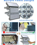 Detailed diagram of 300W LED Stadium Flood Light, showing multiple patent designs and sturdy construction for outdoor use.