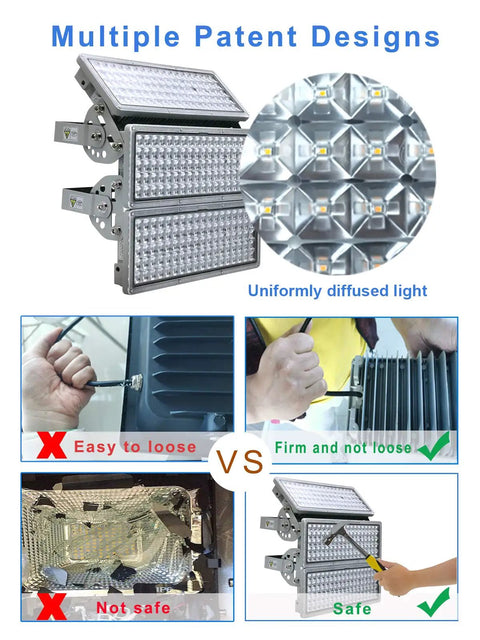 Detailed diagram of 300W LED Stadium Flood Light, showing multiple patent designs and sturdy construction for outdoor use.