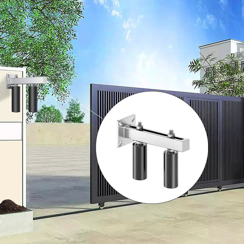 Installed Six Inch Slide Gate Guide Roller With Adjustable UHMW Nylon Guider And Heavy Duty Steel Bracket Black Powder Coat