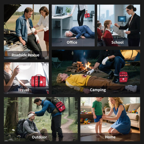 Various uses of 520 Piece Premium First Aid Kit For Home Car Travel Camping Hiking And School in different emergency scenarios.
