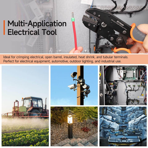 Ratcheting Crimping Tool Set Eight Piece With Quick Exchange Jaws for electrical and automotive use, shown in various applications.
