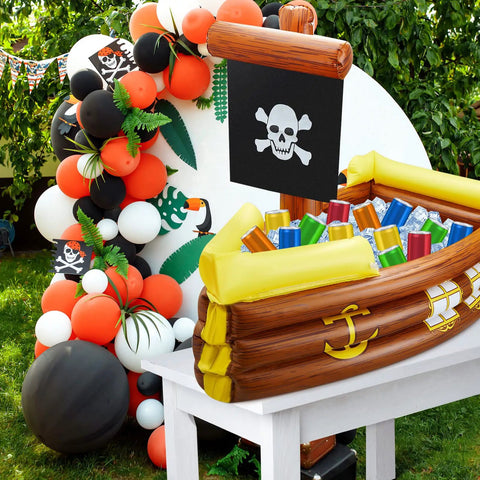 Inflatable Pirate Ship Cooler For Pool Parties And Gasparilla Decor, Food Tray And Beverage Holder filled with drinks