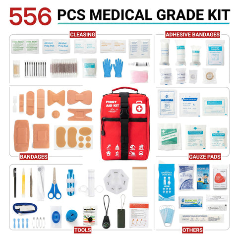 First aid kit in a red MOLLE-style bag with labeled compartments; 556-piece medical kit including bandages, gauze, and tools.