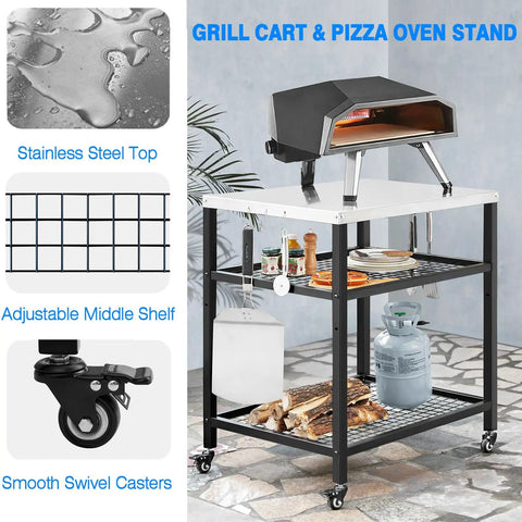 Stainless Steel Outdoor Grill Cart With Wheels For A Serious Outdoor Kitchen Setup Heavy Duty Pizza Oven Stand And Three Shelf Prep