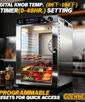 Workhorse Commercial Food Dehydrator Featuring 18 Spacious Stainless Trays And 1100 Watt Heat For Swift Meat Jerky Drying Plus Zero Hassle Digital Controls And Automatic Safety Shutoff, showing interior trays with vegetables and jerky.