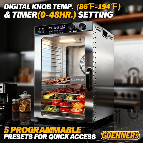Workhorse Commercial Food Dehydrator Featuring 18 Spacious Stainless Trays And 1100 Watt Heat For Swift Meat Jerky Drying Plus Zero Hassle Digital Controls And Automatic Safety Shutoff, showing interior trays with vegetables and jerky.
