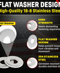 Dang Tough Number Four Stainless Flat Washers Crafted From Top Shelf Eighteen Eight Alloy For Flawless Corrosion Defense And Rock Solid Grip On Every Weekend Building Project, showing flat washer design and 304 stainless steel quality.