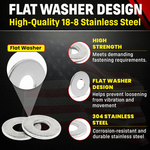 Dang Tough Number Four Stainless Flat Washers Crafted From Top Shelf Eighteen Eight Alloy For Flawless Corrosion Defense And Rock Solid Grip On Every Weekend Building Project, showing flat washer design and 304 stainless steel quality.
