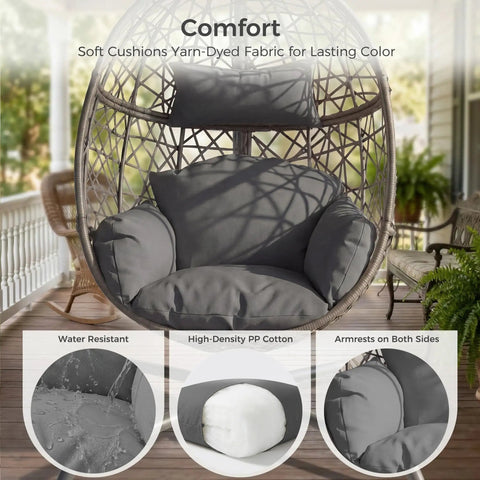Oversized Hanging Egg Chair With Stand For Indoor Or Outdoor Use, Wicker Bird Cage Swing Chair With Dark Grey Cushion