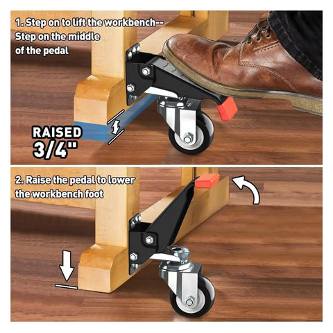 4 Pack Workbench Casters Kit With Retractable Heavy Duty Wheels 660 Lb Capacity showing foot pedal operation