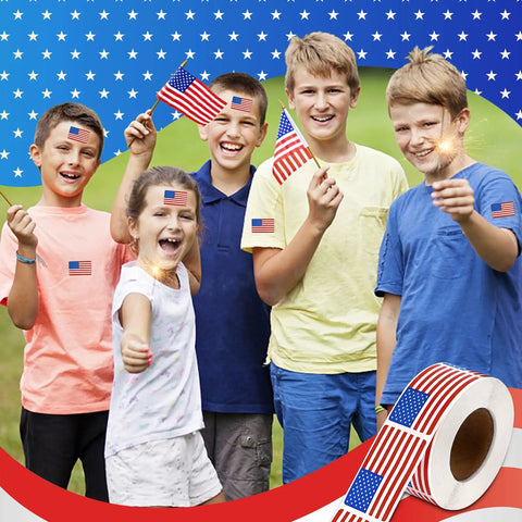500 Count American Flag Stickers Roll Pack 1.22 X 2 Inches Red White and Blue Patriotic Decals for Memorial Day 4th of July sports events
