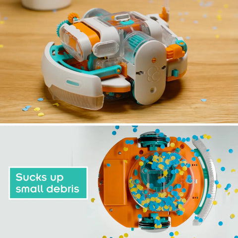 Dusty Robot Vacuum Cleaner STEM Kit Build Your Own Desktop Robotic Vacuum With Sensors Smart Navigation Edge Tracking And Movable Probe Arm Kid Friendly Educational Toy For Ages Eight Plus Or Adults, orange and white