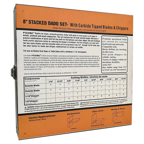 Side view of Pro Grade 8 Inch Carbide Stacking Dado Blade Set For SawStop Jet DeWalt Bosch Saws 14 Piece Kit packaging with specifications.