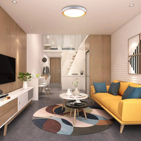 Bright living room illuminated by LED Flush Mount Ceiling Light 3000K Warm White, showcasing modern decor and 16.5 inch round fixture.