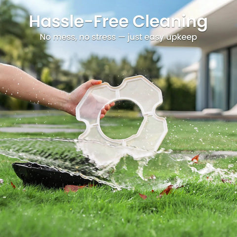 Person holding filter part of Seagull SE Cordless Robotic Pool Cleaner for Above Ground Pools with LED Indicator in outdoor setting.