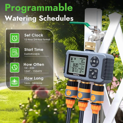 Water Timer With Brass Inlet For Outdoor Hose 3 Independent Zones Auto Manual Rain Delay IPX5 Waterproof Sprinkler Controller for yard.