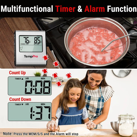 Large LCD Digital Meat Thermometer For Smoker, Oven, Kitchen And BBQ Grill with stainless steel probe showing 76°F.