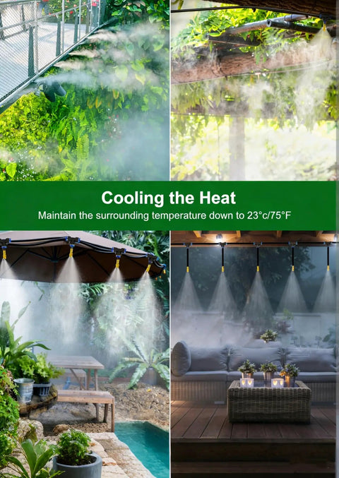 Collage showing 5/16 Inch Drip Irrigation Kit 100ft High Flow Garden Watering System With 16 Bendable 360 Degree Brass Misting Nozzles in use