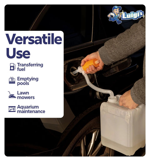 Luigi's siphon pump with orange lever and clear hose for transferring fuel from car to a plastic jug