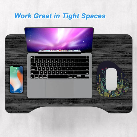 Small Mouse Pad 6 x 7 Inch Irregular Mini Pad With Non Slip Rubber Base Waterproof Compact Mouse Mat For Laptop, Wireless Mouse, Keyboard, Home Office Or Travel On The Go Midnight Flowers shown with laptop and phone