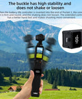 Power Grip Battery Pack For Osmo Pocket 4 And 3 With 5000mAh Battery shown in hand against landscape, digital power display visible