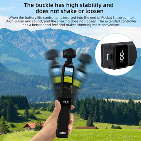 Power Grip Battery Pack For Osmo Pocket 4 And 3 With 5000mAh Battery shown in hand against landscape, digital power display visible