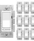 Slide Dimmer Light Switch For Single Pole Or 3 Way Wiring, Works With Dimmable LED CFL Incandescent And Halogen, No Neutral Required, 120V UL Listed White, front view of multiple switches with labels visible