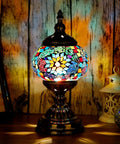 Turkish Mosaic Glass Decorative Table Lamp Handcrafted Night Light With Multicolor Beads on bronze base, glowing in dark room