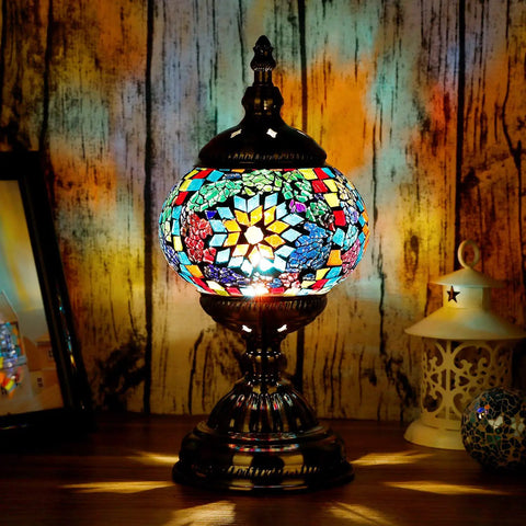 Turkish Mosaic Glass Decorative Table Lamp Handcrafted Night Light With Multicolor Beads on bronze base, glowing in dark room