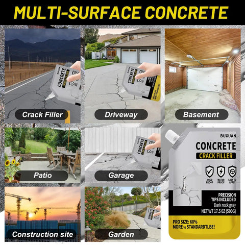 Multi-surface use of All Season Concrete Crack Filler for Driveways Walkways and Patios DIY Friendly Patch Up Waterproof Repair Sealant Quick Drying Sealing Adhesive That Stays Flexible in Heat and Cold for Outdoor Joints and Surfaces