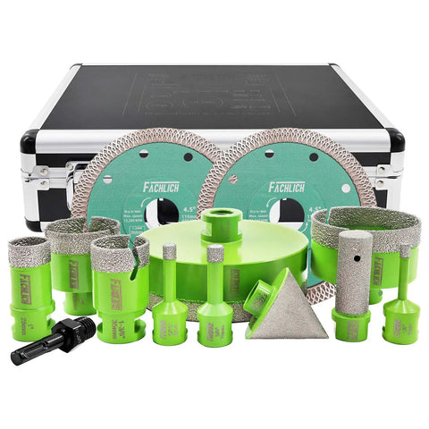 Diamond Tile Hole Saw Kit With 8 Diamond Core Bits Finger Bit Chamfer Bit Adapter And Tile Blade For Porcelain Ceramic Marble Brick Granite Drilling In 6 8 10 25 35 50 75 127 mm in case