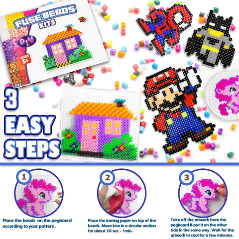 Fuse Beads Kit 31000 5mm with 48 colors showing pegboards, pattern booklet, and bead designs for crafting fun