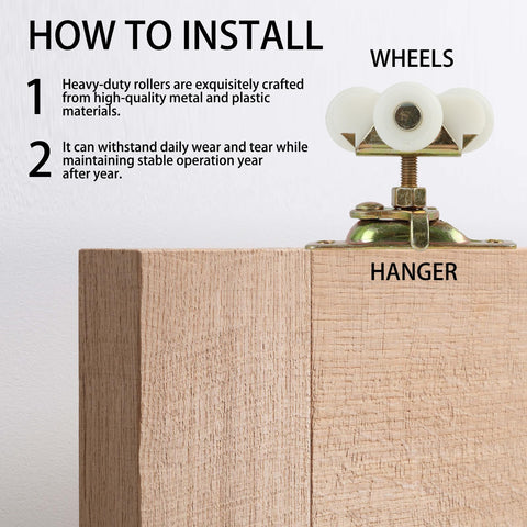 How to install heavy duty sliding door rollers with wheels and hanger on wooden track, Gold 3/4 Inch Pocket Door Wheels Replacement Kit.