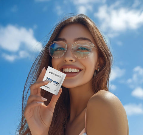 Front view of a smiling woman outdoors holding a Lulumonster anti-fog lens wipe packet for glasses (150 pre-moistened).