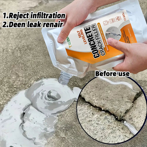 500G Busted Driveway Rescue High Flex Self Leveling Concrete Crack Filler shown in hand filling a concrete crack before use.