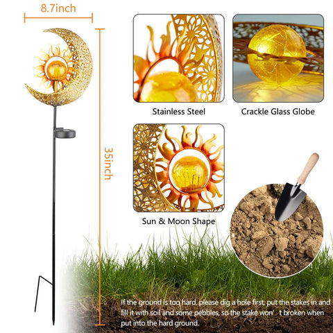 Sun And Moon Crackle Glass Solar Globe Stake Lights For Garden, Waterproof LED Pathway Lamps With Dope Amber Glow, Outdoor Yard Patio Courtyard Decor, Easy Install, 1 Pack, stainless steel and crackle glass, 35 inch height