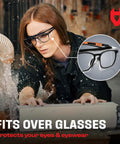 Person using over eyeglasses safety glasses with scratch resistant lenses, side shields, adjustable temples, UV400 protection