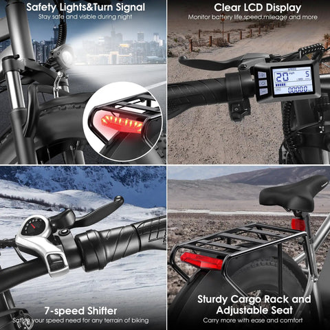 Beast 1000W Peak Fat Tire Electric Mountain Bike details with safety lights, LCD display, 7-speed shifter, rear rack.