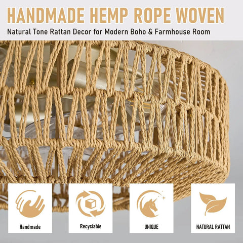 Handmade hemp rope woven natural tone rattan decor for the Whisper Quiet Boho Caged Rattan Fandelier Ceiling Fan.