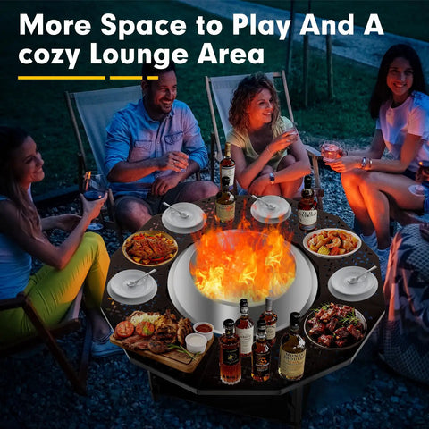 Group enjoying 48 Inch Fire Pit Surround Tabletop For Solo Stove Bonfire And Wood Burning Pits, 28.4 Inch Inner Diameter.