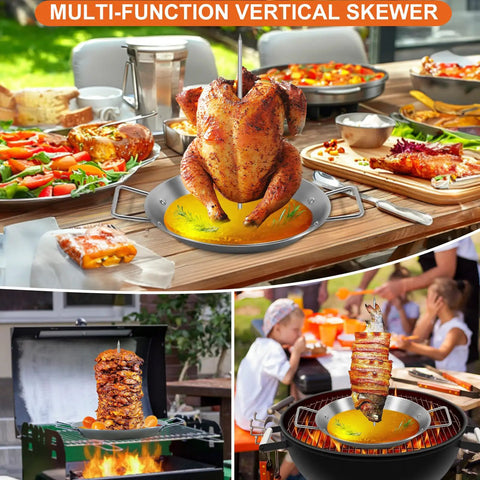 Stainless Steel Vertical Skewer Set For Grill With 3 Removable Spikes 8 10 12 Inches And Cleaning Brushes featuring grilled dishes