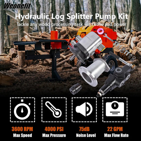 Beefy Heavy Duty Hydraulic Wood Log Splitter Pump Kit with 22 GPM at 4000 PSI, showing components and forest backdrop, 3600 RPM