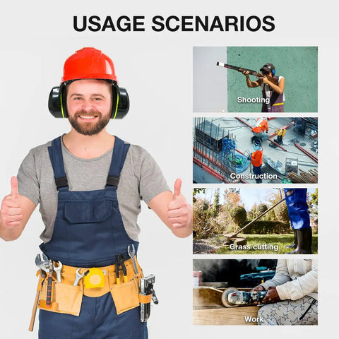 Man wearing earmuffs for Industrial Hearing Protection Earmuffs With 31 dB Noise Reduction For Construction Woodworking Lawn Mowing.