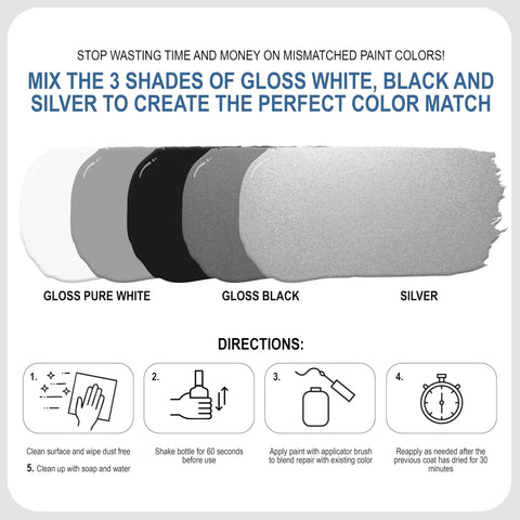 Gloss Appliance Touch Up Paint Kit With Three Color Auto Match White Black Silver product image with usage directions.