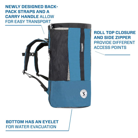 Side view of 65 Mesh Dive Bag With Roll Top Closure And Side Zipper For Snorkeling And Scuba Gear Denim Blue Fabric With Black Lining