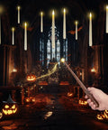 Floating Battery Operated Taper Candles Pack, 6.5-Inch LED Flickering Flameless Tapers, 12-Pack Dripless Handheld Candles for Hanging Displays in a Halloween-themed church setting.