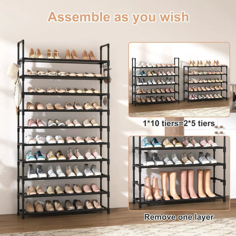 Heavy Duty 10 Tier Shoe Rack For Entryway And Closet Hella Roomy Metal Storage Shelf With Sturdy Hooks Fits Sneakers Boots And Everyday Gear Solid Build Easy As Pie Setup