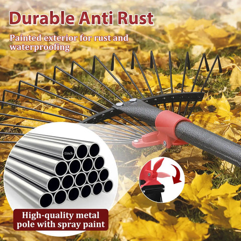 Adjustable Metal Leaf Rake With 18 Tines And 9 To 18 Inch Expandable Head 76 Inch Long Handle Yard Rake For Leaves Grass Clippings And Pine Needles Lightweight Garden Rake For Lawns All In One Go To Tool, showing metal construction and anti-rust coating on autumn leaves